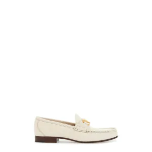 Ivory Leather Loafer with Golden Metal V Logo