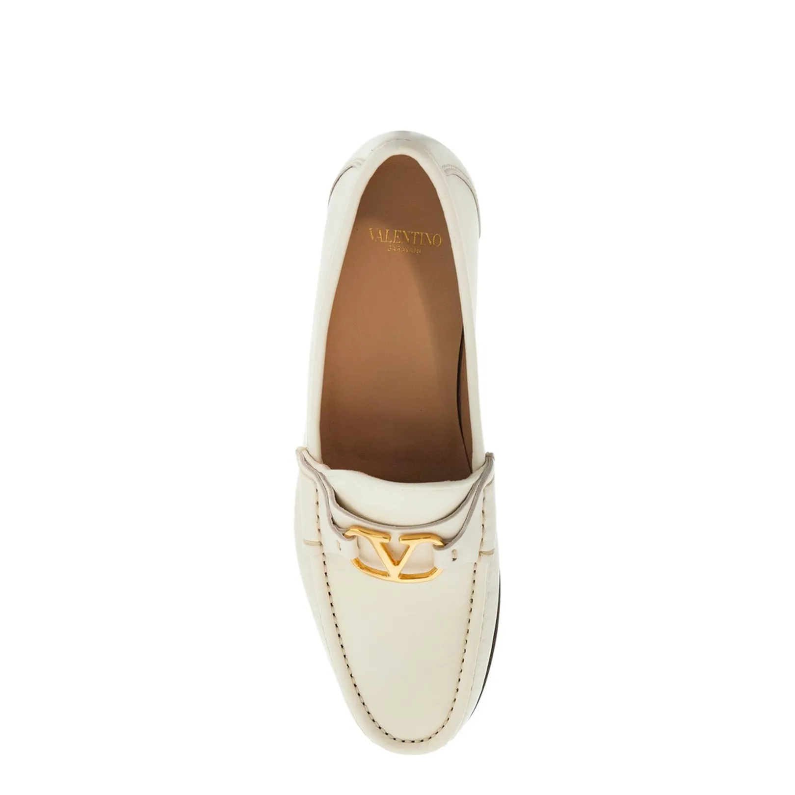 Ivory Leather Loafer with Golden Metal V Logo