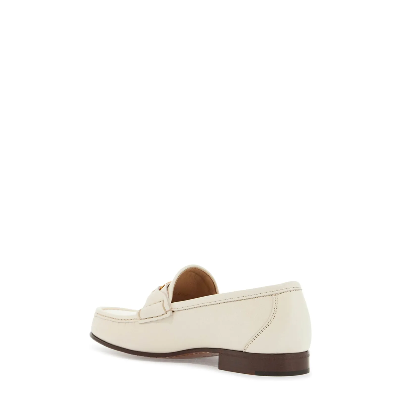 Ivory Leather Loafer with Golden Metal V Logo