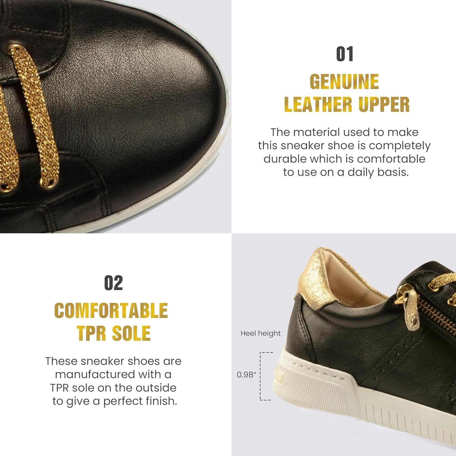JATAREA Women's Fashion Sneakers – Genuine Leather Casual Shoes, Comfortable Cushioned Insole, TPR Rubber Sole, Stylish Lifestyle, Lightweight and Durable Travel Sneakers