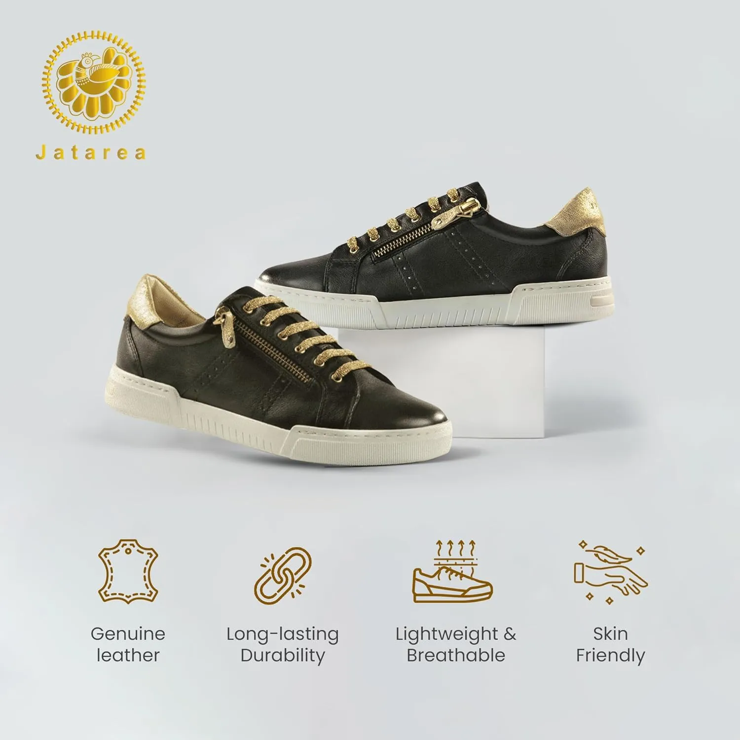 JATAREA Women's Fashion Sneakers – Genuine Leather Casual Shoes, Comfortable Cushioned Insole, TPR Rubber Sole, Stylish Lifestyle, Lightweight and Durable Travel Sneakers