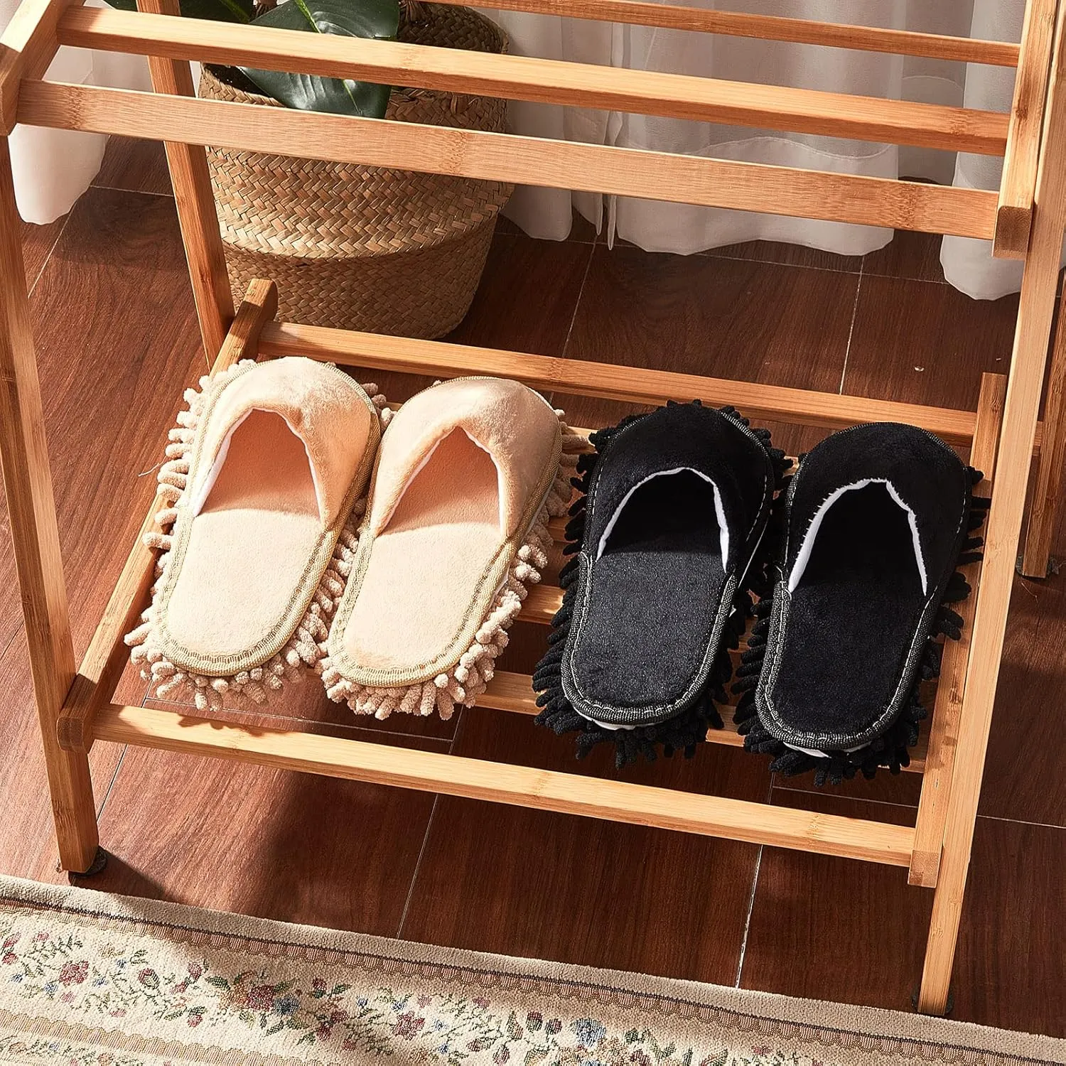 Jecery 2 Pairs Microfiber Cleaning Mop Slippers for Floor Cleaning House Mop Shoes Men and Women Washable Unisex Dusting Slippers Dirt Tool Supplies(Large,Black, Beige)