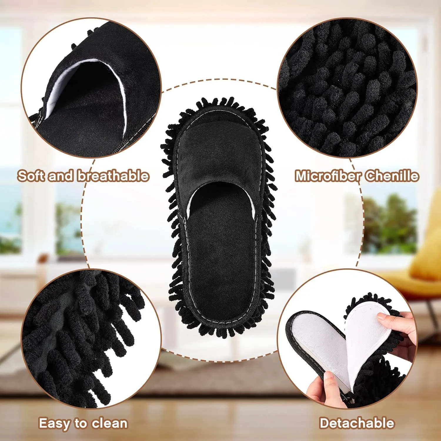 Jecery 2 Pairs Microfiber Cleaning Mop Slippers for Floor Cleaning House Mop Shoes Men and Women Washable Unisex Dusting Slippers Dirt Tool Supplies(Large,Black, Beige)