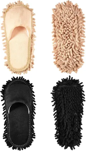 Jecery 2 Pairs Microfiber Cleaning Mop Slippers for Floor Cleaning House Mop Shoes Men and Women Washable Unisex Dusting Slippers Dirt Tool Supplies(Large,Black, Beige)