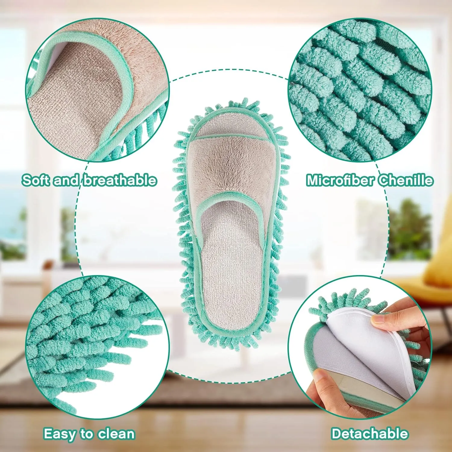 Jecery 2 Pairs Microfiber Cleaning Mop Slippers for Floor Cleaning House Mop Shoes Men and Women Washable Unisex Dusting Slippers Dirt Tool Supplies(Medium,Green, Coffee)