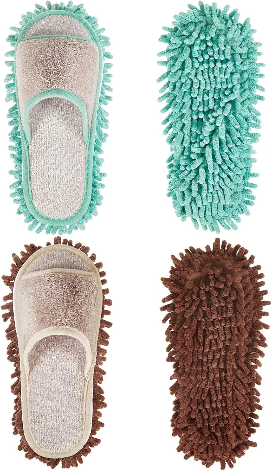 Jecery 2 Pairs Microfiber Cleaning Mop Slippers for Floor Cleaning House Mop Shoes Men and Women Washable Unisex Dusting Slippers Dirt Tool Supplies(Medium,Green, Coffee)