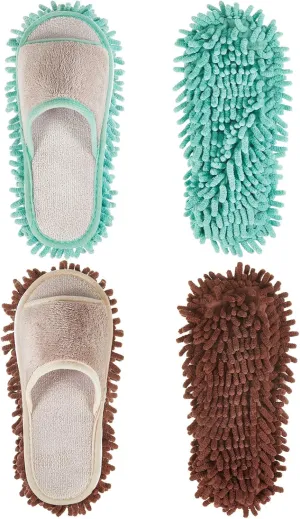 Jecery 2 Pairs Microfiber Cleaning Mop Slippers for Floor Cleaning House Mop Shoes Men and Women Washable Unisex Dusting Slippers Dirt Tool Supplies(Medium,Green, Coffee)