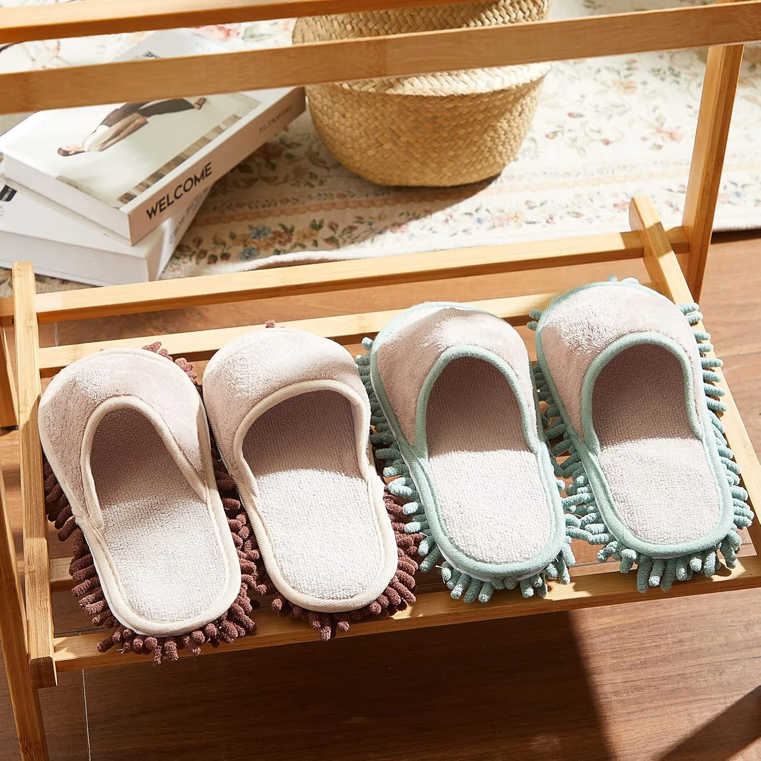 Jecery 2 Pairs Microfiber Cleaning Mop Slippers for Floor Cleaning House Mop Shoes Men and Women Washable Unisex Dusting Slippers Dirt Tool Supplies(Medium,Green, Coffee)