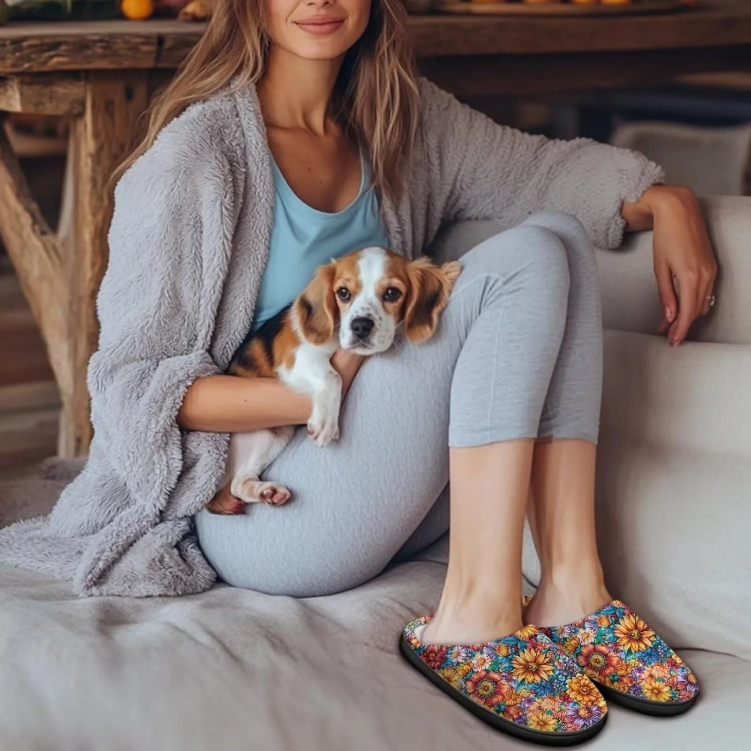 Jeiento Women's Indoor Bedroom Slipper Daisy Floral Soft Non Slip Closed Toe House Slippers
