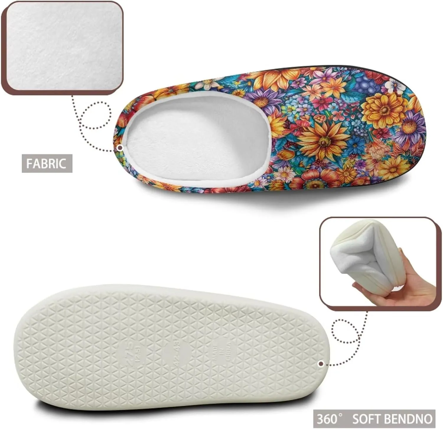Jeiento Women's Indoor Bedroom Slipper Daisy Floral Soft Non Slip Closed Toe House Slippers