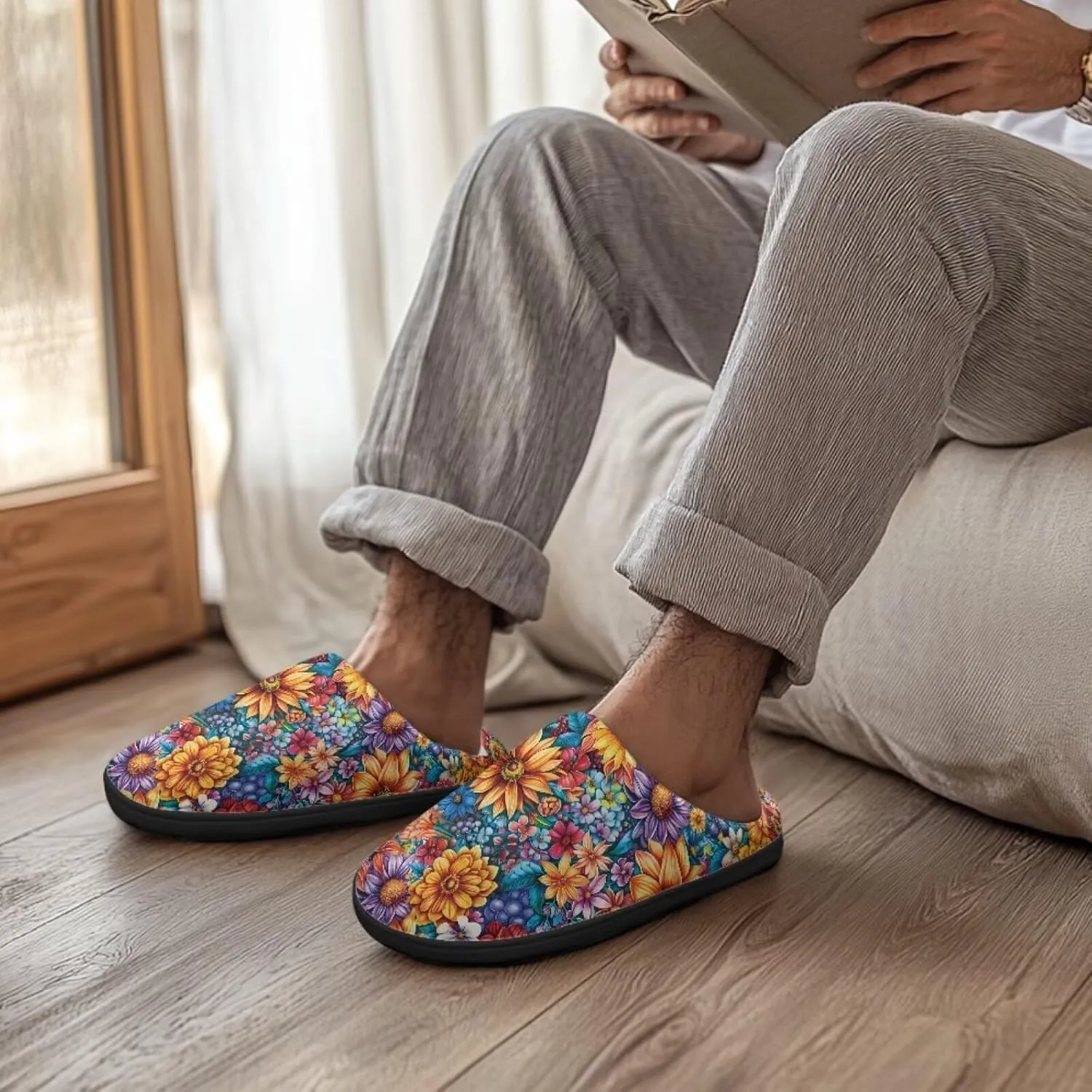 Jeiento Women's Indoor Bedroom Slipper Daisy Floral Soft Non Slip Closed Toe House Slippers