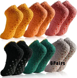 jeuhut 6 Pairs Fuzzy Grip Socks for Women Soft Cozy Fluffy Slipper Socks with Grips Winter Warm Stocking Stuffers