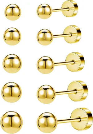 JINERA 5 Pairs Stud Earrings for Women 14K Plated Gold/Silver Pearl Ball Small Stud Earrings Set Cartilage Piercing Hypoallergenic Lightweight Flatback Earrings Jewelry Gifts for Women