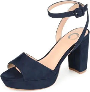 Journee Collection Open Toe Strappy Platform Pumps for Women - Nairri Ankle Strap Chunky High Block Heel Sandal - 7.5 Wide - Blue