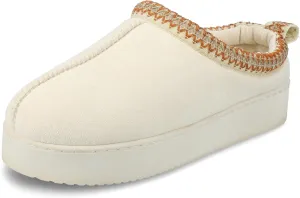 Journee Collection Womens Connway Center Seam Fur Lined Embroidered Slipper Slip On Cushioned Clog with Durable Platform Sole Cream S(5-6) Medium WOMENS US