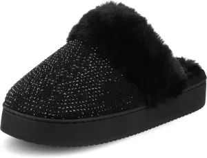 Journee Collection Womens Emmber Cushioned Rhinestone Clog Slippers Fur Lined Closed Toe Slip On with Durable Platform Sole