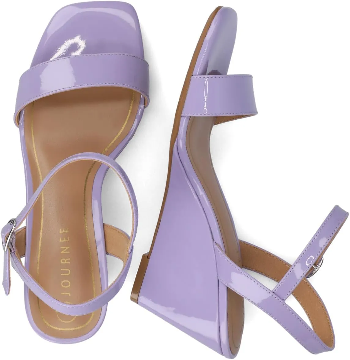 Journee Womens cushioned footbed Dressy Wedge Sandal Clayr Faux Leather Wedge Heel Ankle Straps 2-3 Inch Heel Open Toe