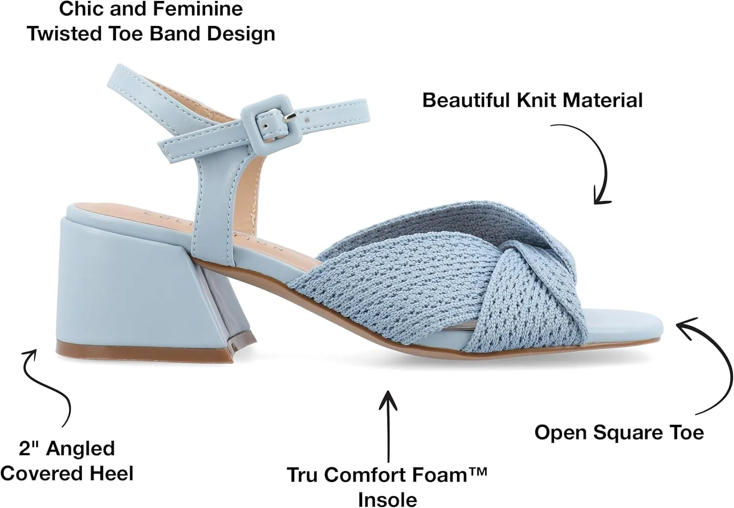 Journee Womens Twisted Knit Block Heel Buckle Ankle Strap Open Square Toe Zerlina Tru Comfort Foam Sandals