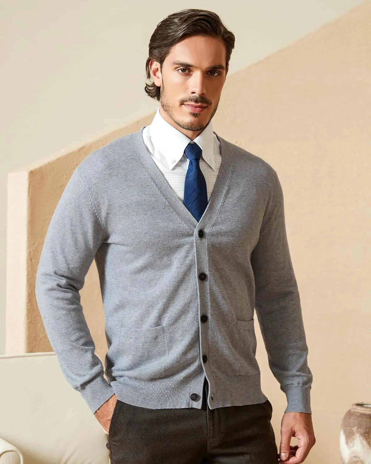 Kallspin Men’s Pure Cotton Cardigan Sweater V-Neck Button Down Cardigan Lightweight Knitwear with Pockets