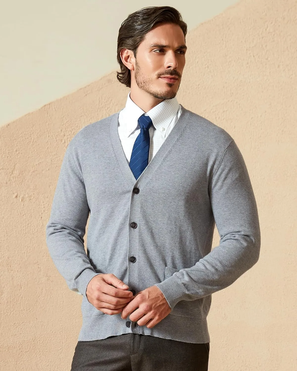 Kallspin Men’s Pure Cotton Cardigan Sweater V-Neck Button Down Cardigan Lightweight Knitwear with Pockets