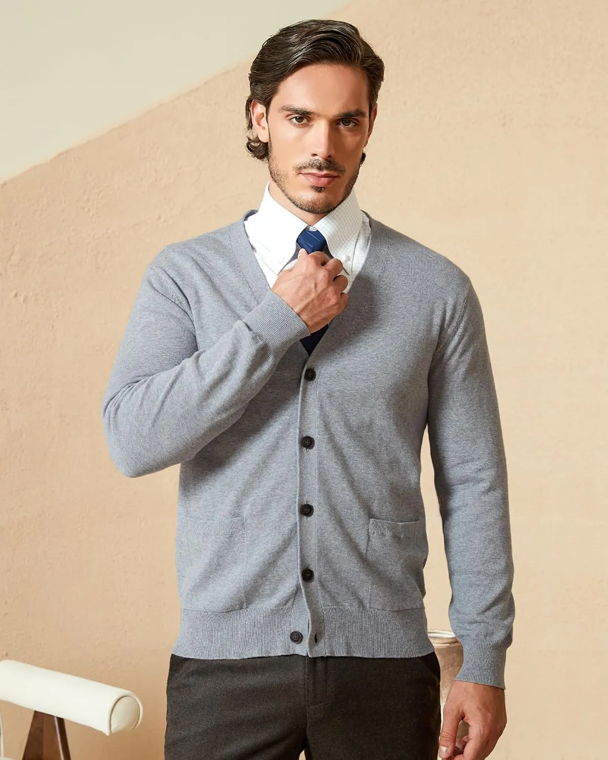 Kallspin Men’s Pure Cotton Cardigan Sweater V-Neck Button Down Cardigan Lightweight Knitwear with Pockets
