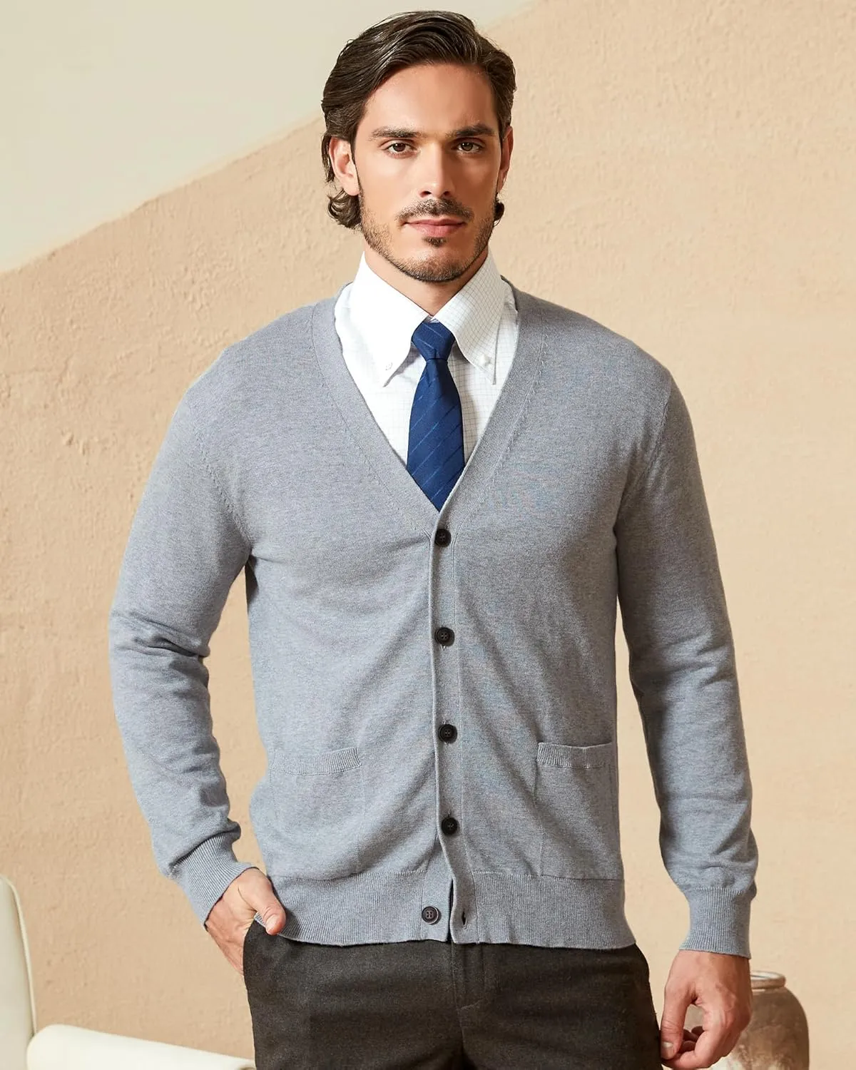Kallspin Men’s Pure Cotton Cardigan Sweater V-Neck Button Down Cardigan Lightweight Knitwear with Pockets