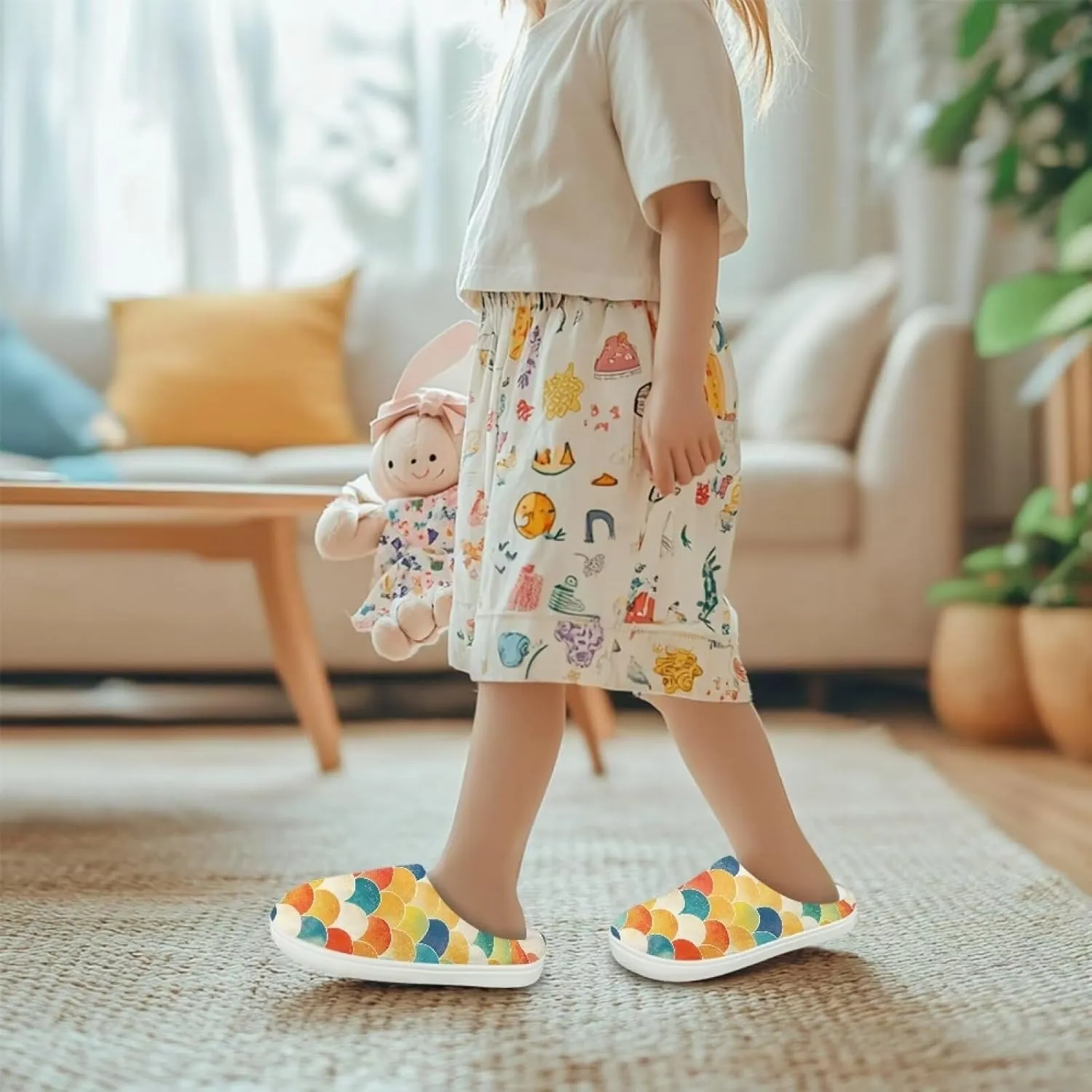Kids Cotton Slipper Warm Winter Fluffy Breathable Shoes Cozy Fuzzy Print Anti-Slip House Slippers for Litter Big Kid US 9-15