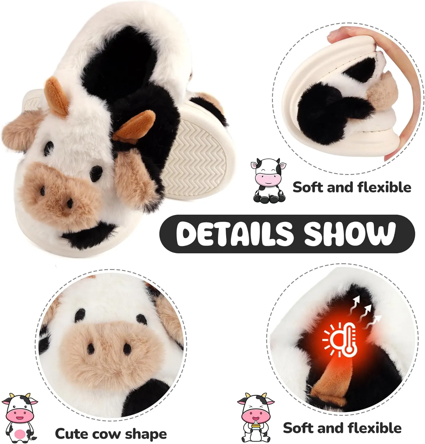 Kids Cow Slippers - Toddler Boys & Girls Soft Plush Animal Slippers - Winter Comfy Warm Fuzzy Memory Foam Non-slip Indoor/Outdoor Shoes