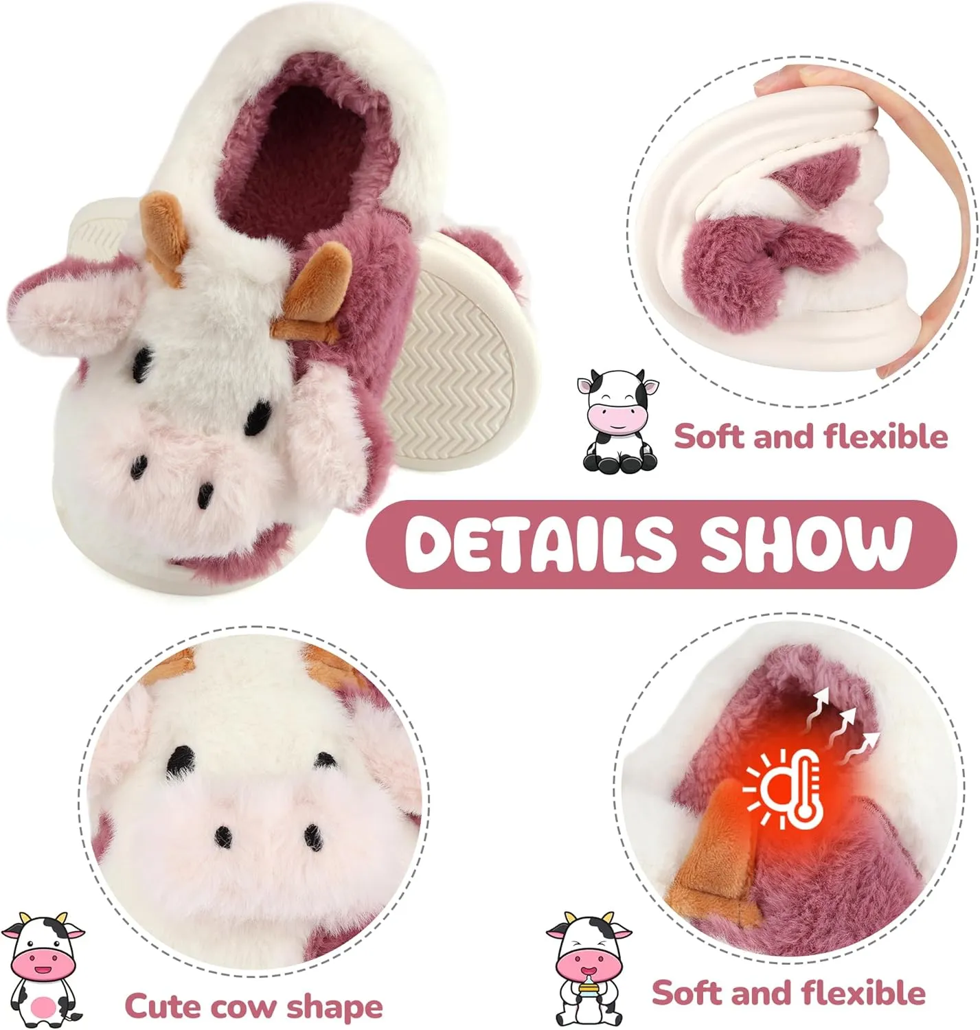 Kids Cow Slippers - Toddler Boys & Girls Soft Plush Animal Slippers - Winter Comfy Warm Fuzzy Memory Foam Non-slip Indoor/Outdoor Shoes