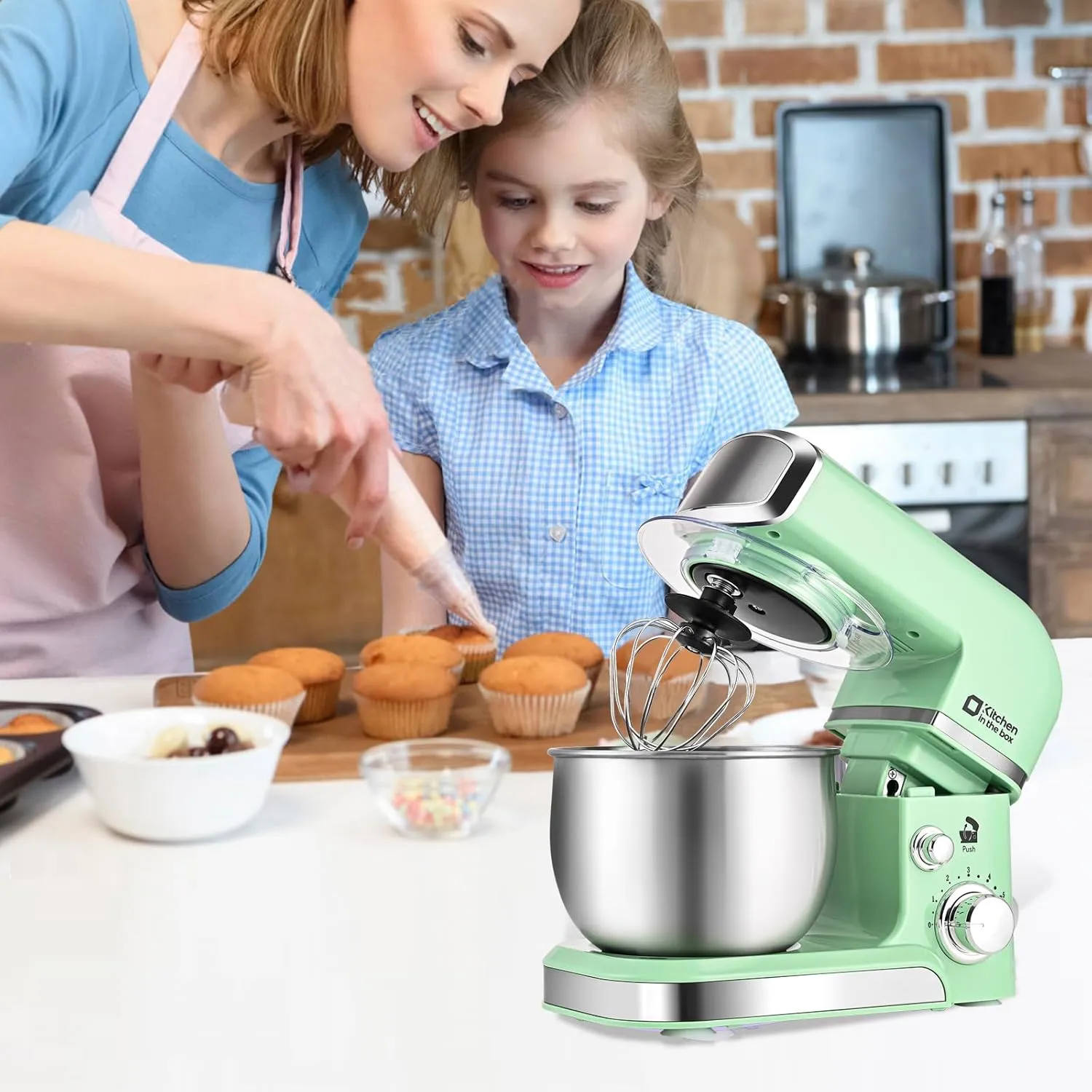 Kitchen in the box Stand Mixer,3.2Qt Mini Electric Food Mixer,6 Speeds Portable Lightweight Kitchen Mixer for Daily Use with Egg Whisk,Dough Hook,Flat Beater (Green) (Renewed)