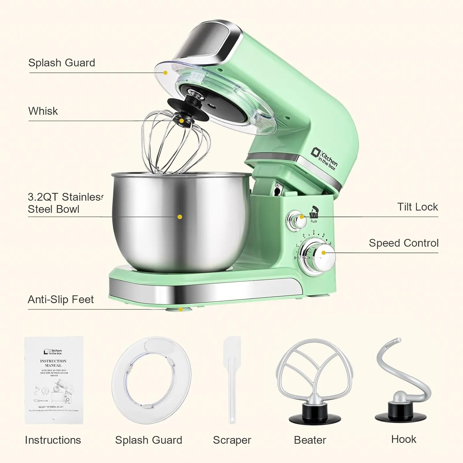 Kitchen in the box Stand Mixer,3.2Qt Mini Electric Food Mixer,6 Speeds Portable Lightweight Kitchen Mixer for Daily Use with Egg Whisk,Dough Hook,Flat Beater (Green) (Renewed)