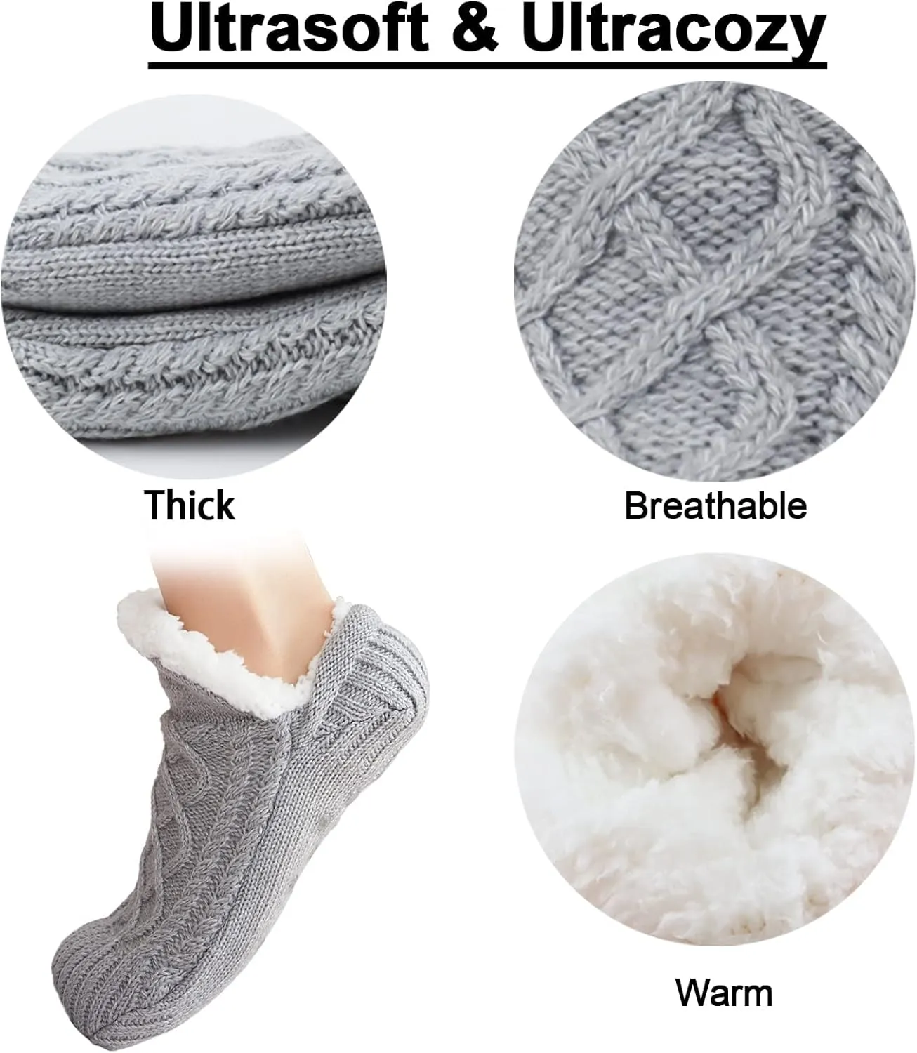 Koreshion Women Knitted Slipper Socks Cozy Sherpa Fuzzy Socks Non Slip Socks Winter Indoor Double Layer Bedroom Slipper Socks