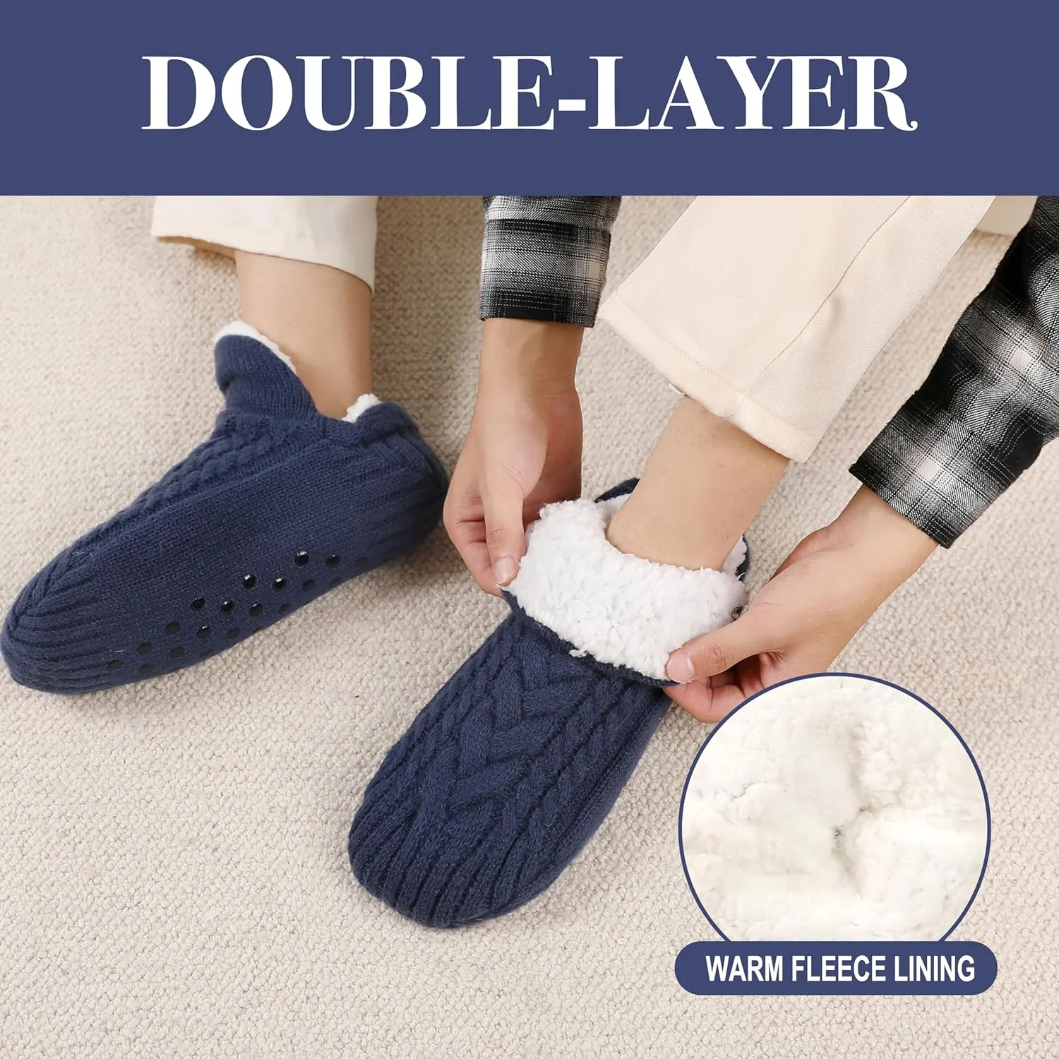 Koreshion Women Knitted Slipper Socks Winter Sherpa Plush Sock Slipper Non-Slip Fleece Fuzzy Indoor Socks With Grippers