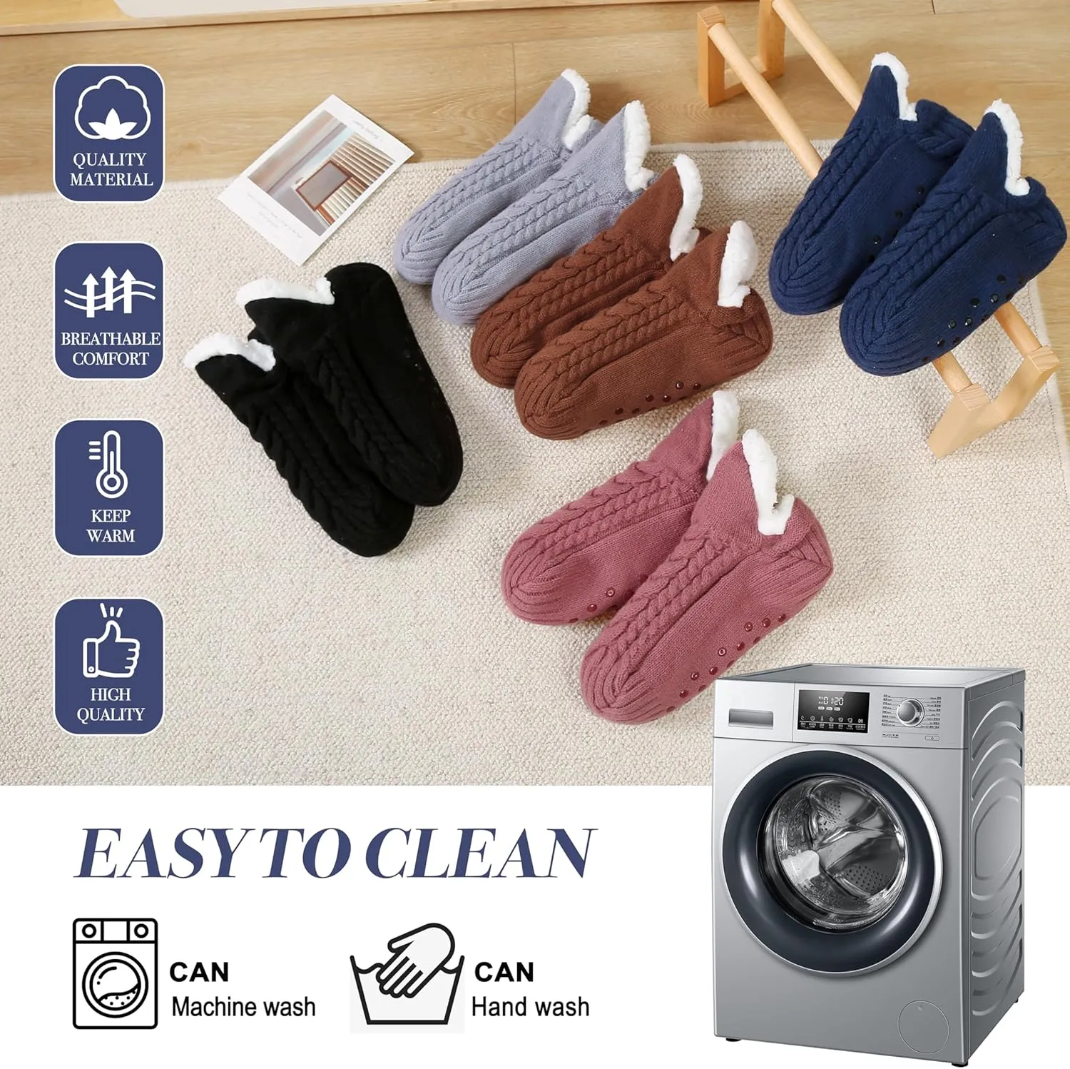 Koreshion Women Knitted Slipper Socks Winter Sherpa Plush Sock Slipper Non-Slip Fleece Fuzzy Indoor Socks With Grippers