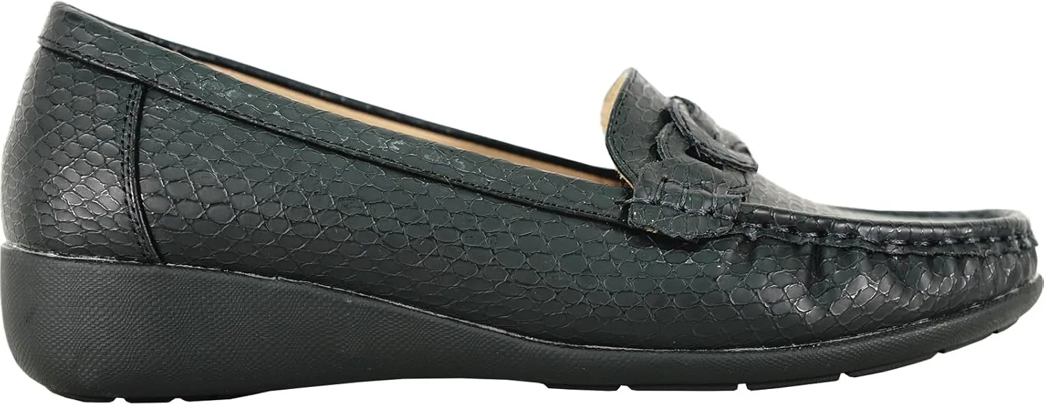 KOZI Women Comfort Casual Wedge Shoe Slip-On Loafer ML Collection Round Toe Penny Loafer Removable Insole Black Champagne