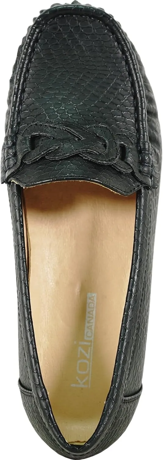 KOZI Women Comfort Casual Wedge Shoe Slip-On Loafer ML Collection Round Toe Penny Loafer Removable Insole Black Champagne