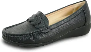 KOZI Women Comfort Casual Wedge Shoe Slip-On Loafer ML Collection Round Toe Penny Loafer Removable Insole Black Champagne