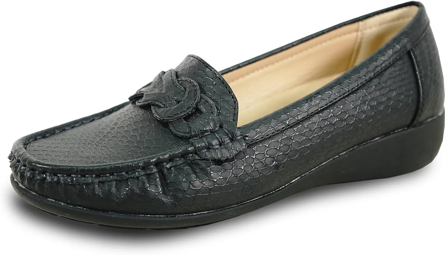 KOZI Women Comfort Casual Wedge Shoe Slip-On Loafer ML Collection Round Toe Penny Loafer Removable Insole Black Champagne