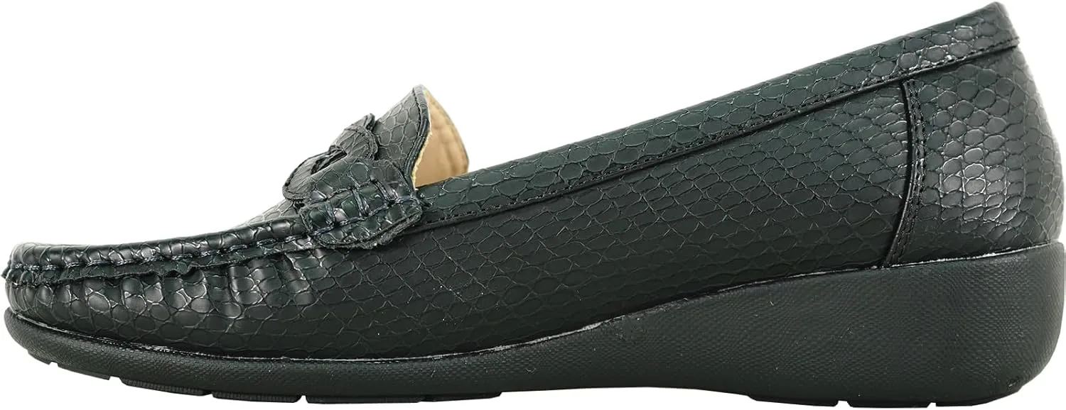 KOZI Women Comfort Casual Wedge Shoe Slip-On Loafer ML Collection Round Toe Penny Loafer Removable Insole Black Champagne