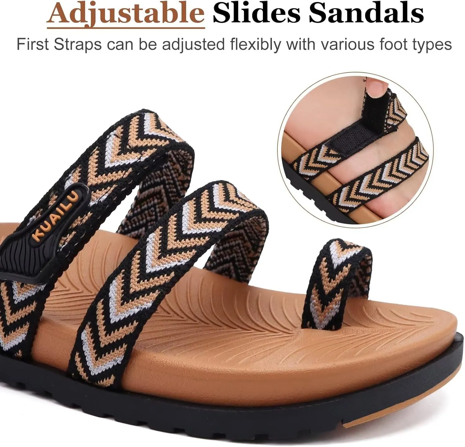 KuaiLu Womens Slides Sandals with Plantar Fasciitis Arch Support Fashion Comfort Adjustable Flat Sandals Ladies Lightweight Orthotic Slip on Sandals