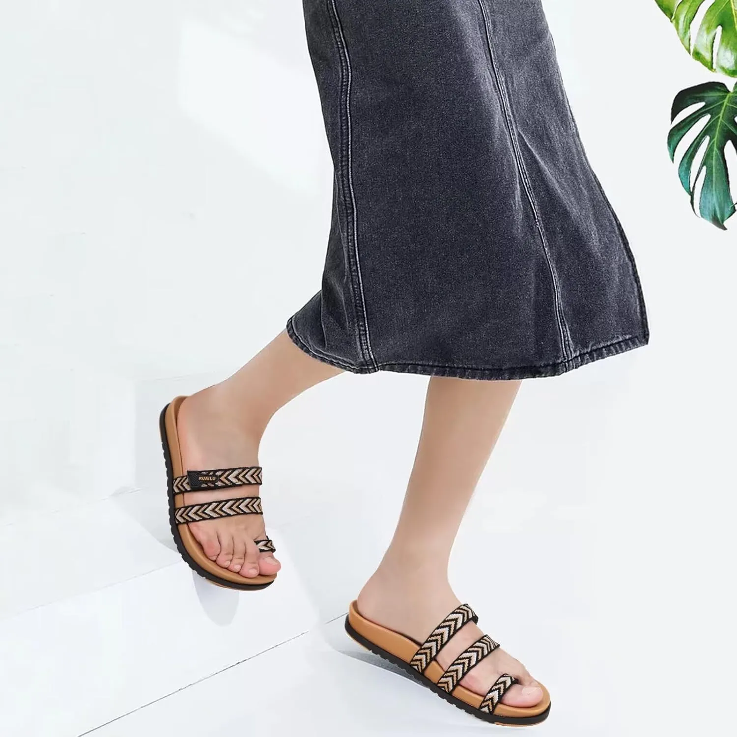 KuaiLu Womens Slides Sandals with Plantar Fasciitis Arch Support Fashion Comfort Adjustable Flat Sandals Ladies Lightweight Orthotic Slip on Sandals