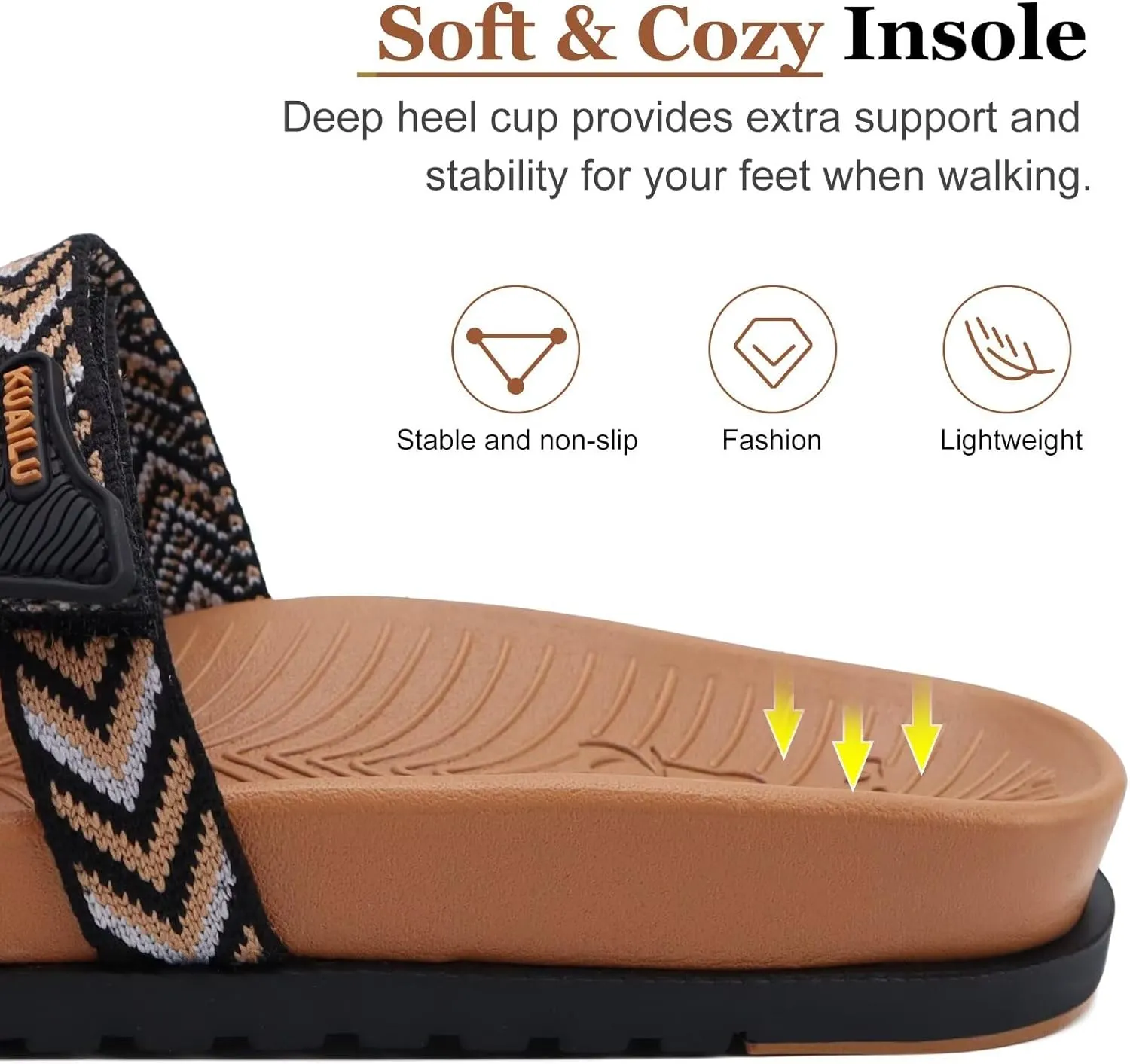 KuaiLu Womens Slides Sandals with Plantar Fasciitis Arch Support Fashion Comfort Adjustable Flat Sandals Ladies Lightweight Orthotic Slip on Sandals