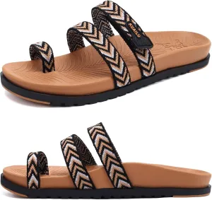 KuaiLu Womens Slides Sandals with Plantar Fasciitis Arch Support Fashion Comfort Adjustable Flat Sandals Ladies Lightweight Orthotic Slip on Sandals