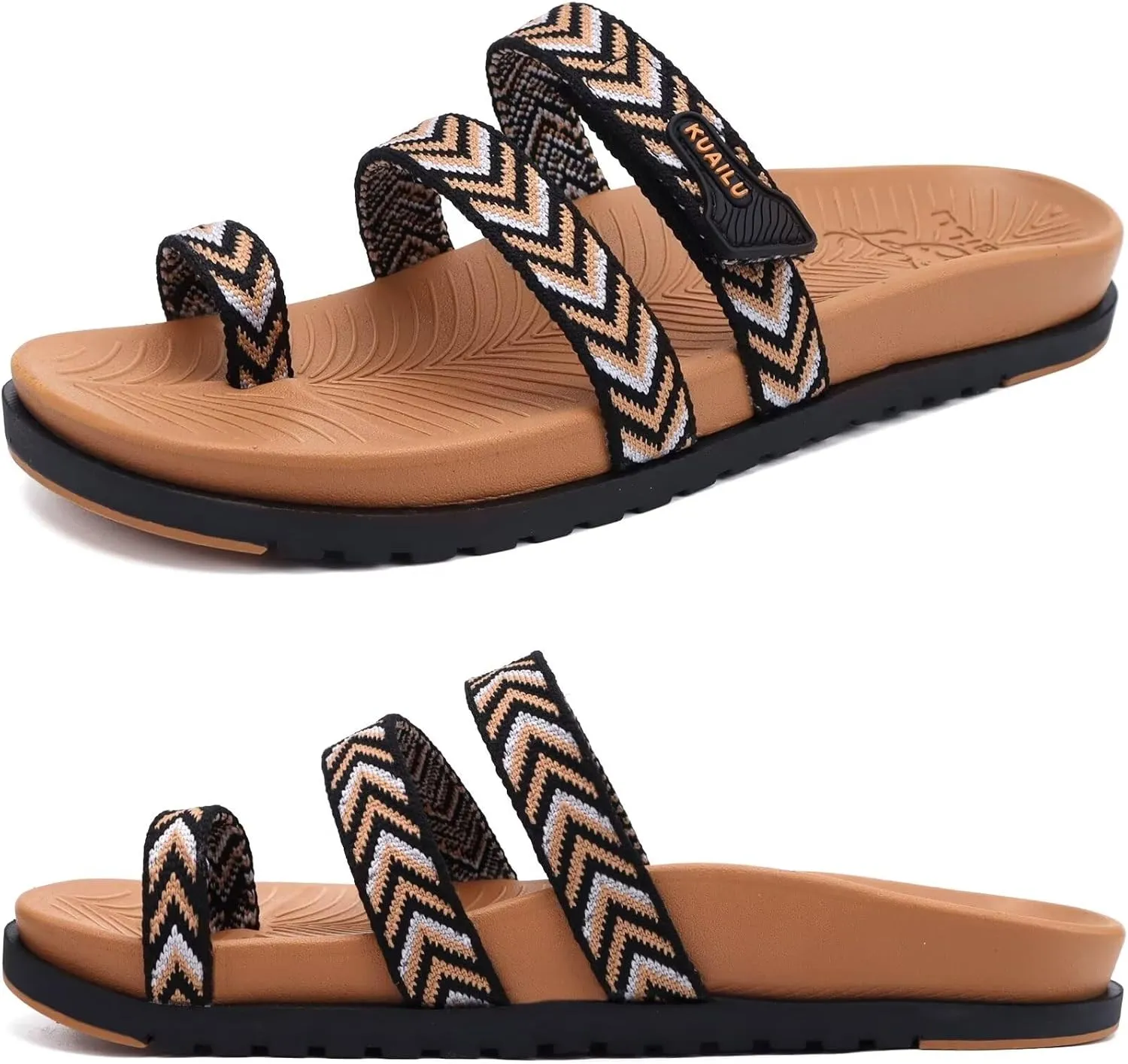 KuaiLu Womens Slides Sandals with Plantar Fasciitis Arch Support Fashion Comfort Adjustable Flat Sandals Ladies Lightweight Orthotic Slip on Sandals