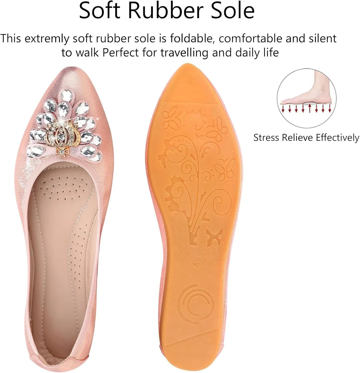 KUNWFNIX Women's Ballet Flats Foldable Classic Crown Rhinestone Slip On Flowers PU Leather Pointed Toe Comfort Flat Casual Dress Shoes