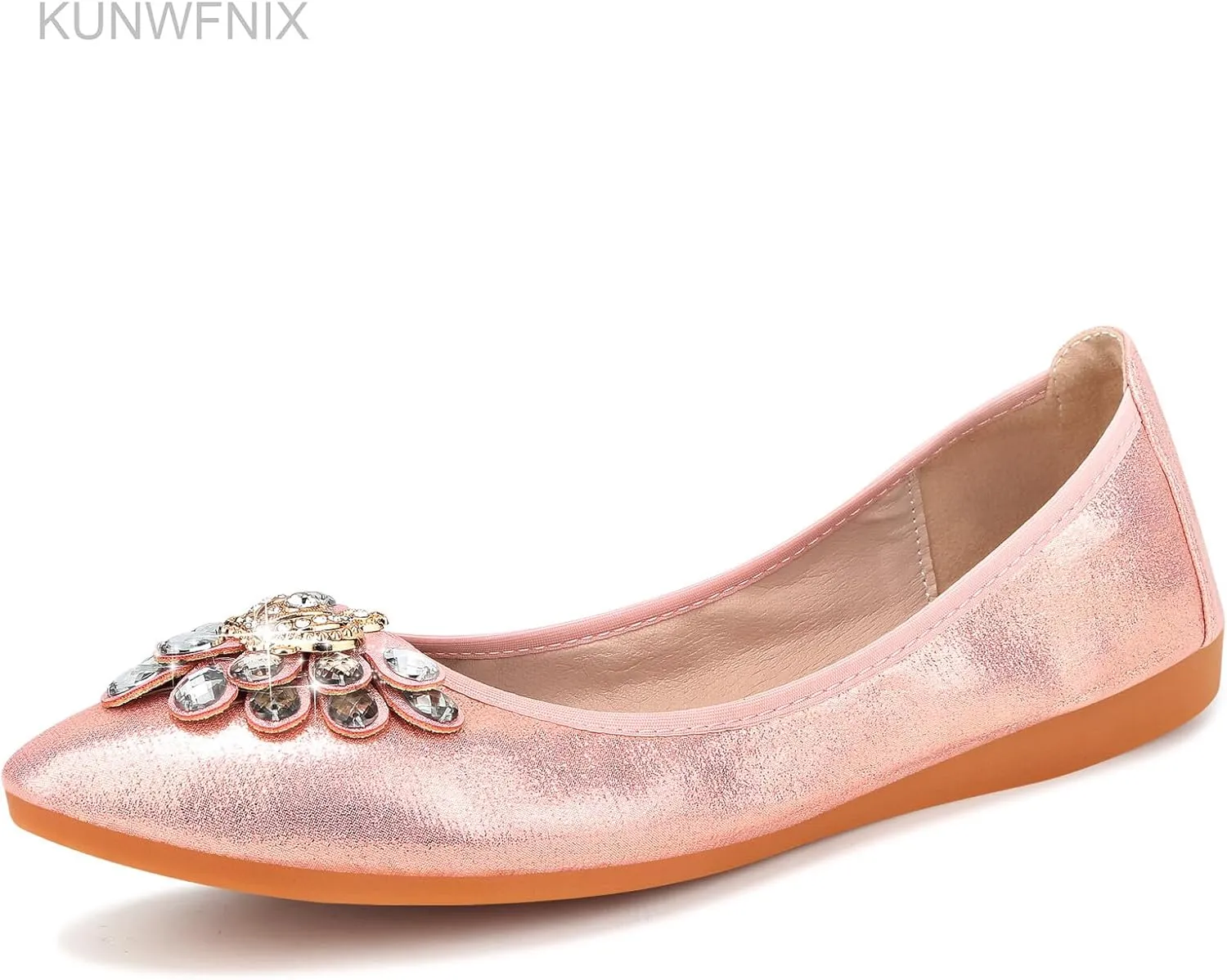 KUNWFNIX Women's Ballet Flats Foldable Classic Crown Rhinestone Slip On Flowers PU Leather Pointed Toe Comfort Flat Casual Dress Shoes