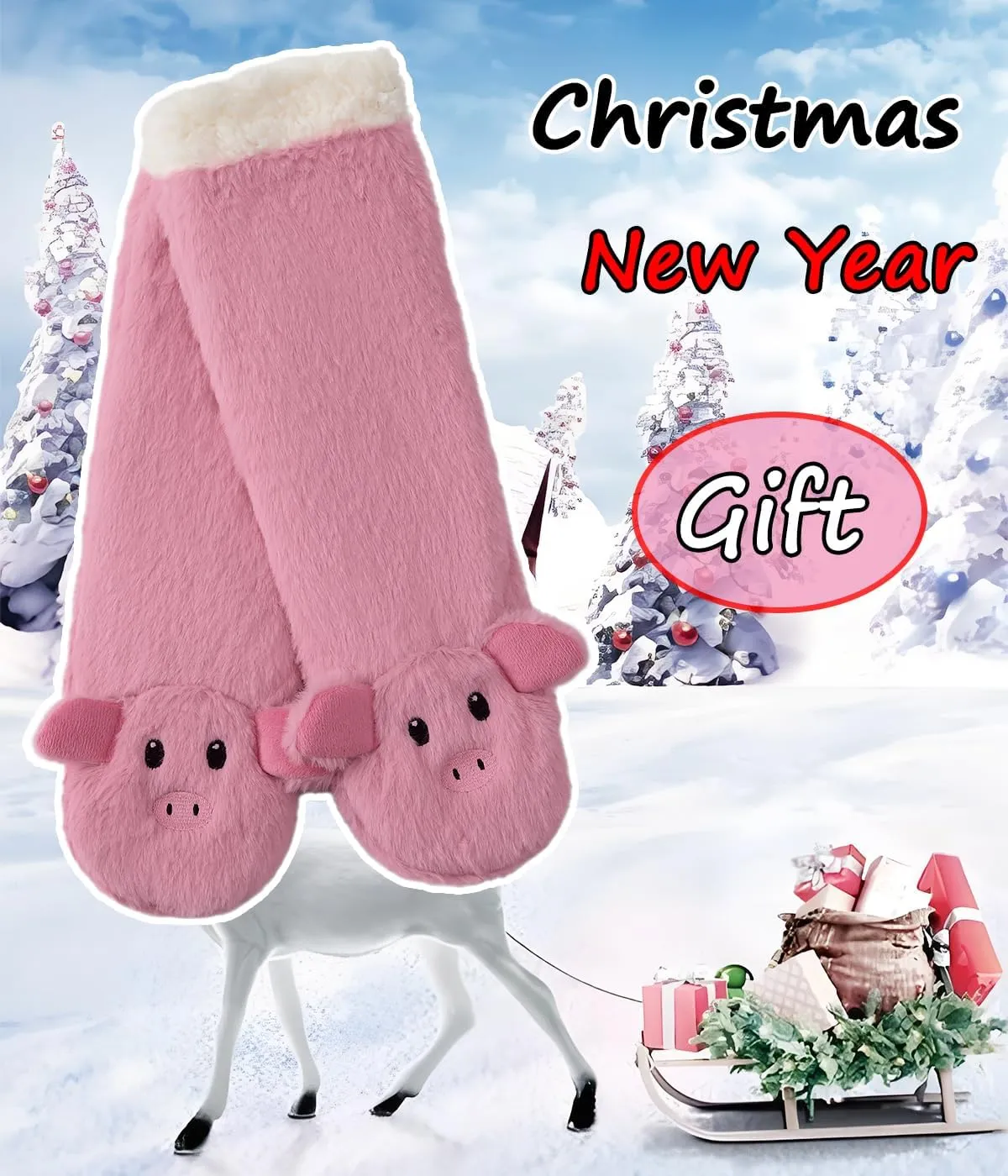 Laahoem Animal Slipper Socks for Girls Women Indoor Shoes With Grippers Winter Warm Thick Plush Lining Non Slip Long Boots Furry Home Socks