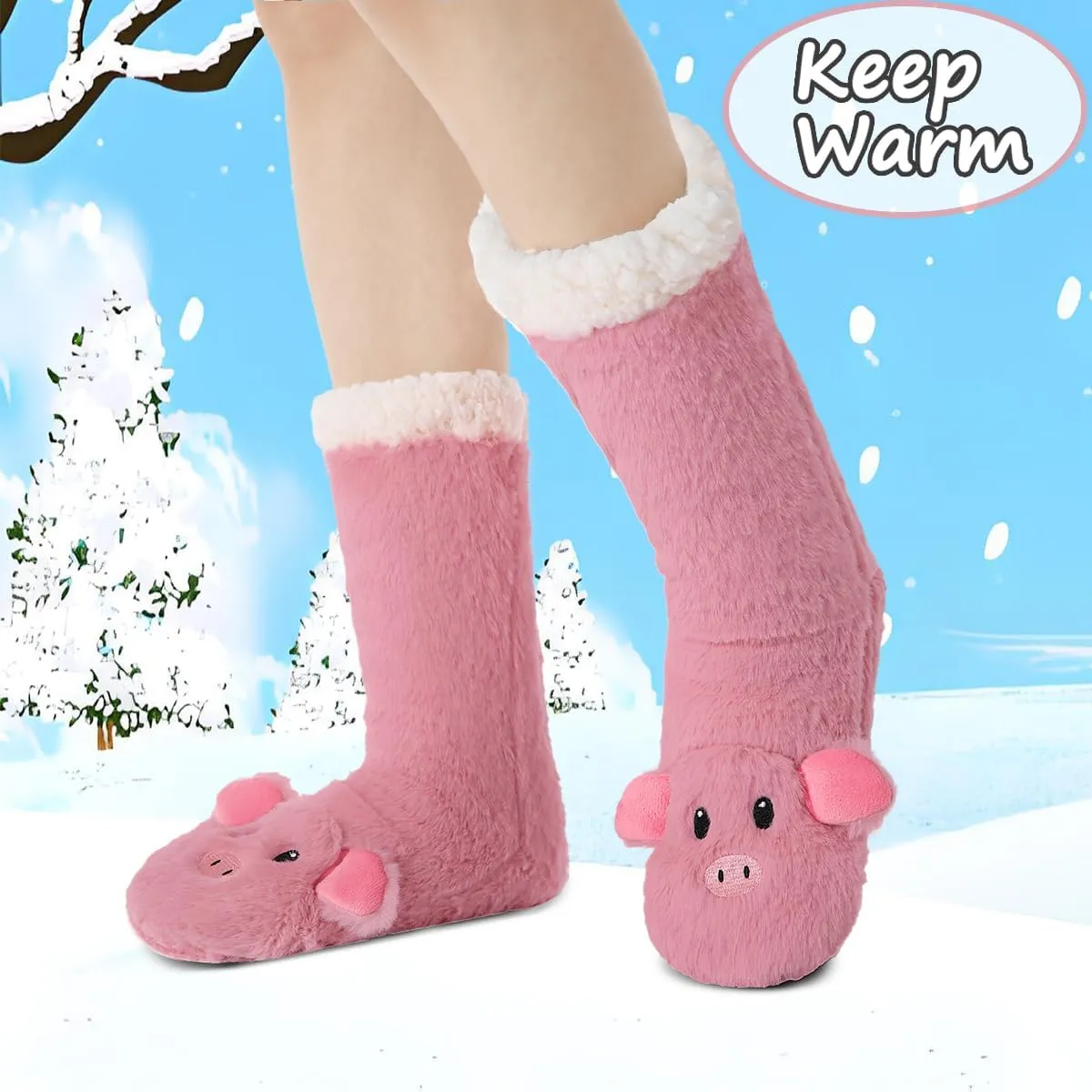 Laahoem Animal Slipper Socks for Girls Women Indoor Shoes With Grippers Winter Warm Thick Plush Lining Non Slip Long Boots Furry Home Socks