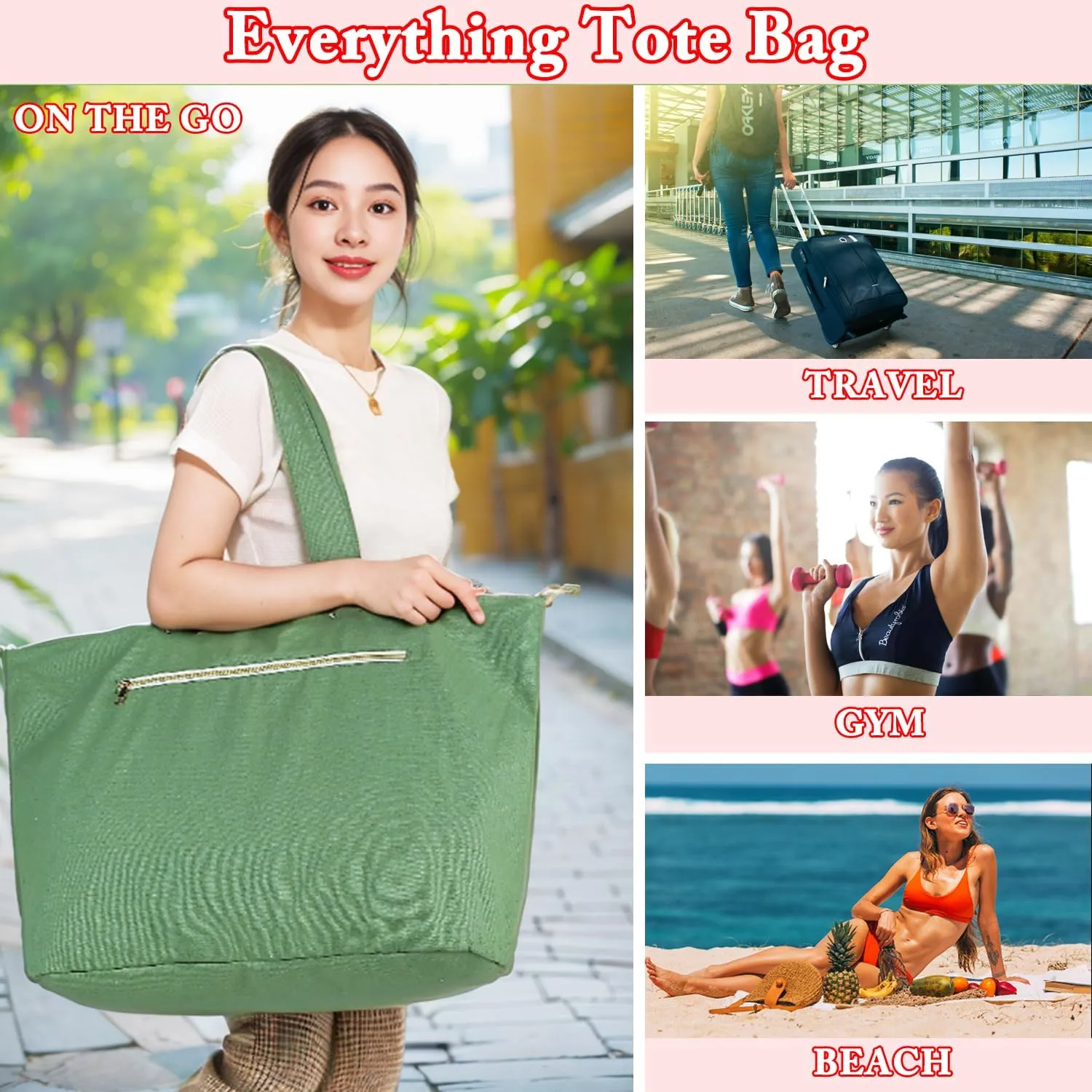Large Beach Bag for Women, Waterproof Travel Tote Bag with Lunch/Wet Pocket for Weekender, Sandproof, Zipper Closure