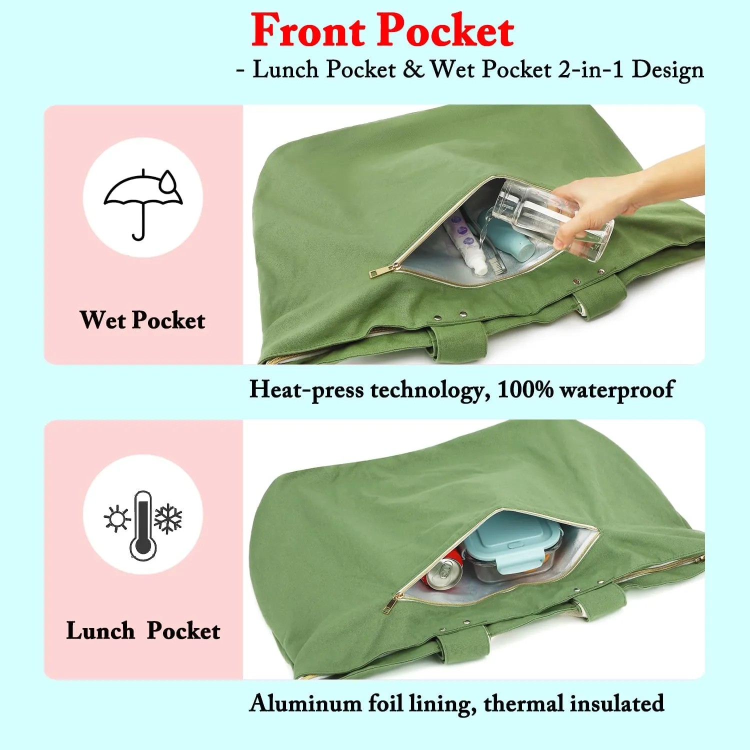 Large Beach Bag for Women, Waterproof Travel Tote Bag with Lunch/Wet Pocket for Weekender, Sandproof, Zipper Closure